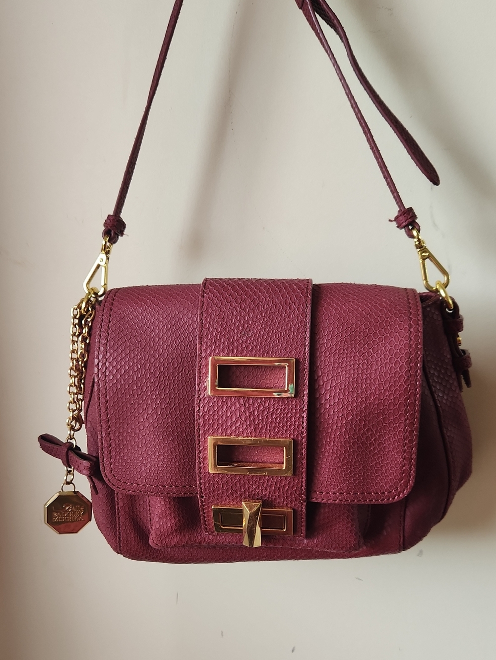 Belle Badgley Mischka Embossed Leather Bag Purse Crossbody Berry Wine